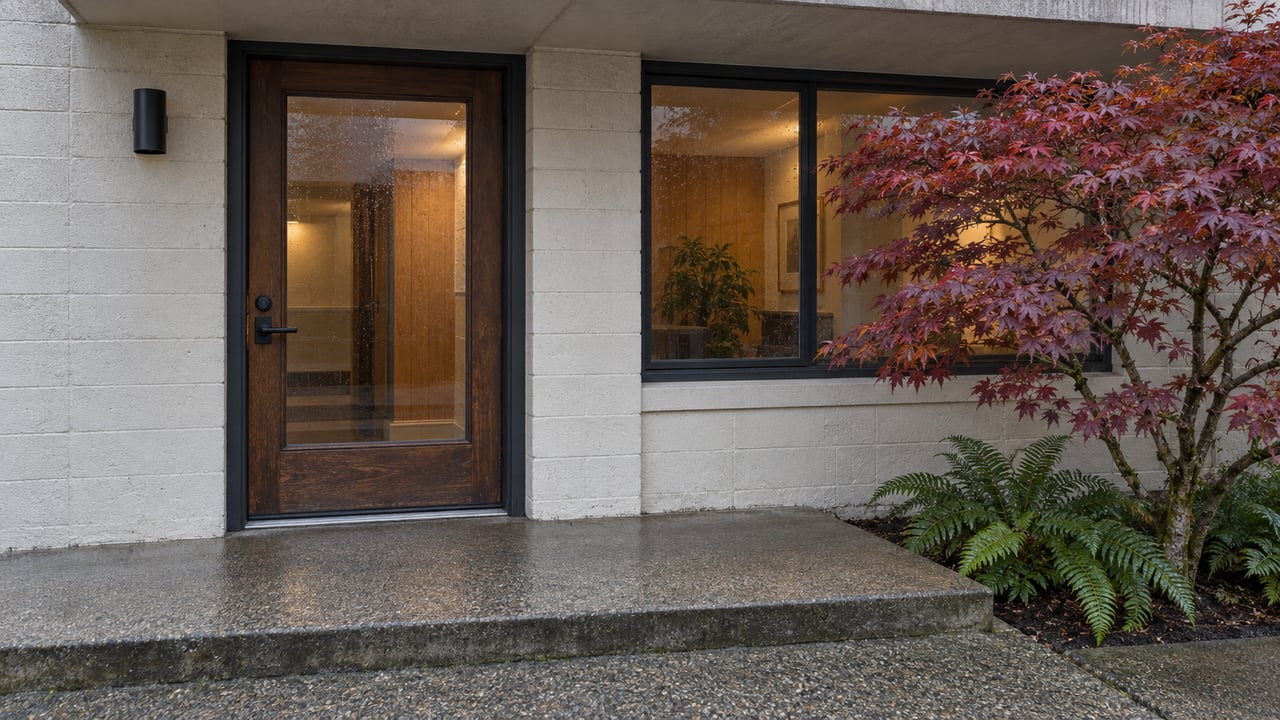 Shared condo entrance with a dark wood-and-glass door, black-framed window, concrete step, and Japanese maple.