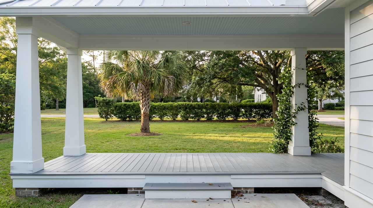 Covered porch with white columns and a palm tree in the lawn beyond.