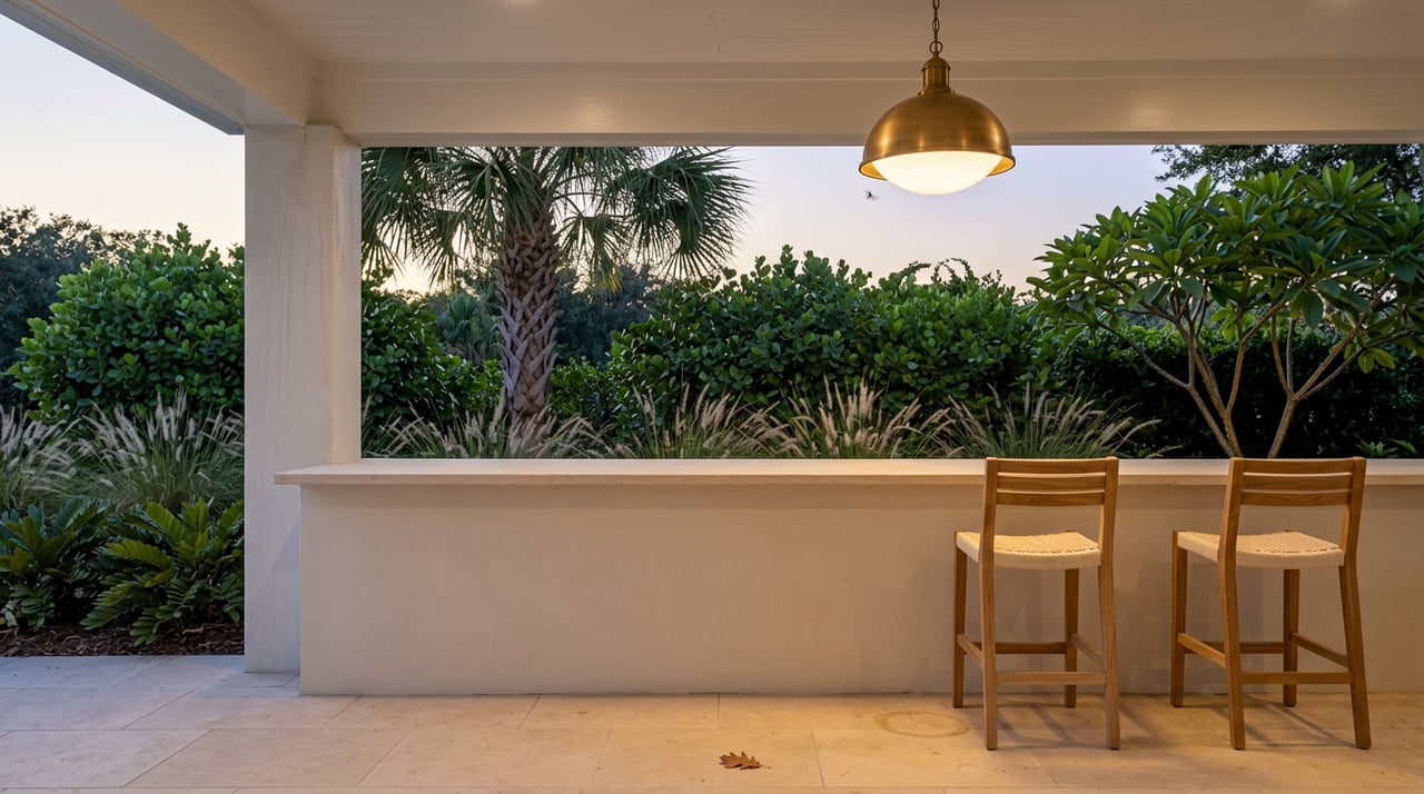 Covered terrace counter with woven stools, brass pendant, and dense tropical planting at dusk.