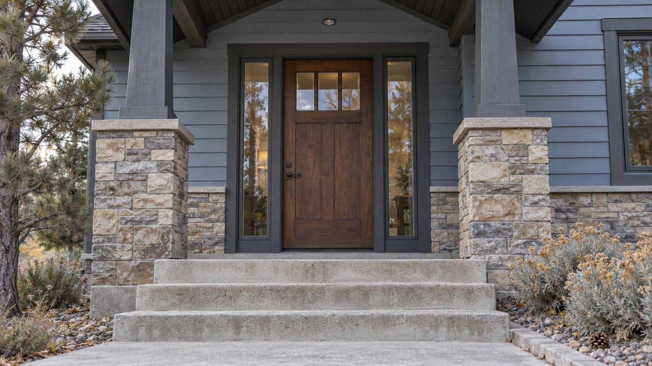 Blue-gray house entrance with a dark oak door, paired sidelights, stone porch piers and broad concrete steps beside dry-climate planting.