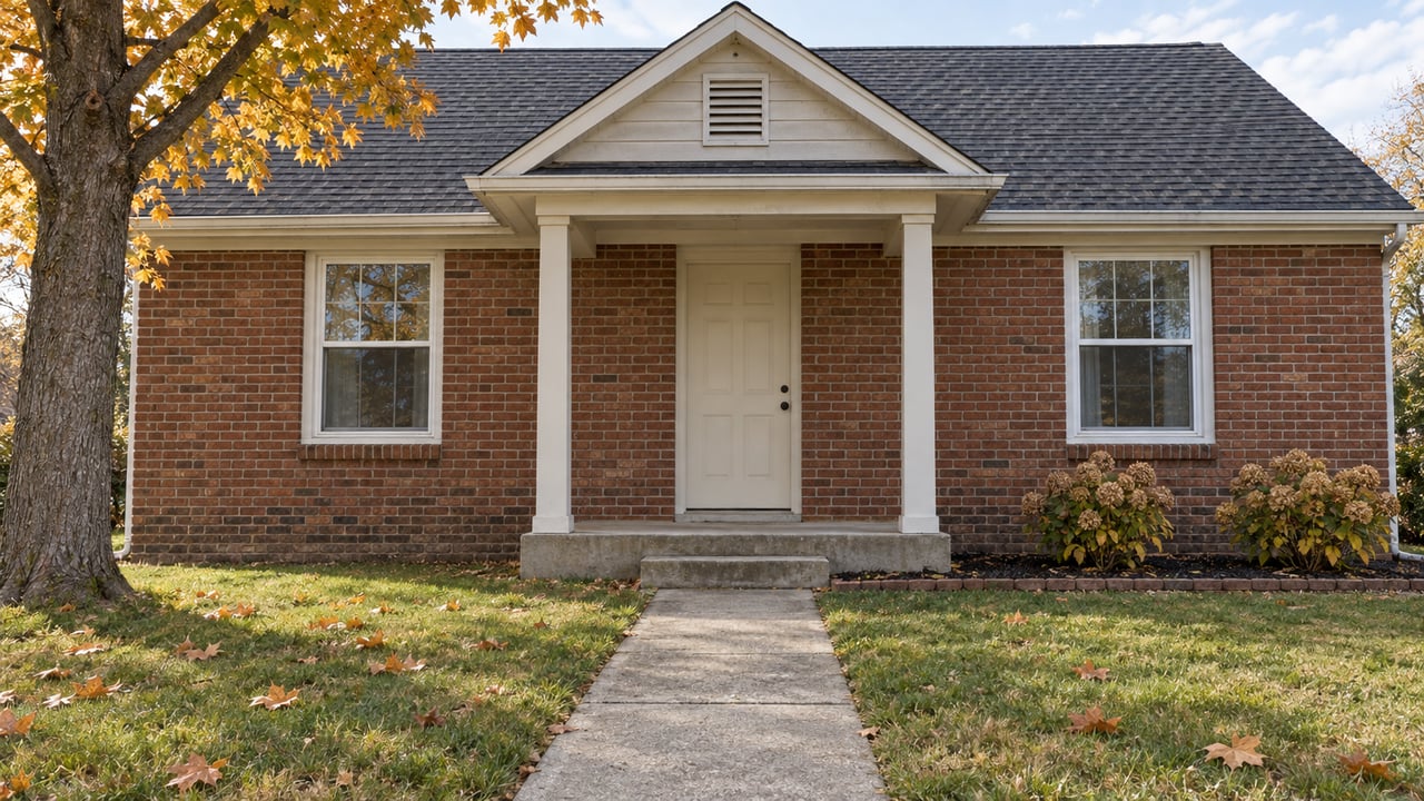 A red-brown brick cottage with a white-trimmed gable, small covered entry, autumn maple and a concrete path across the front lawn.
