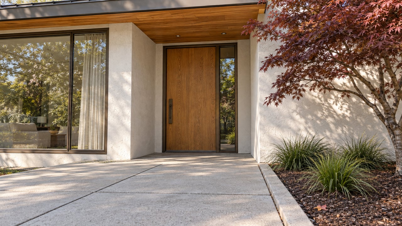 A recessed oak front door and bronze-framed window beneath a cedar soffit, beside a burgundy Japanese maple and a concrete approach.