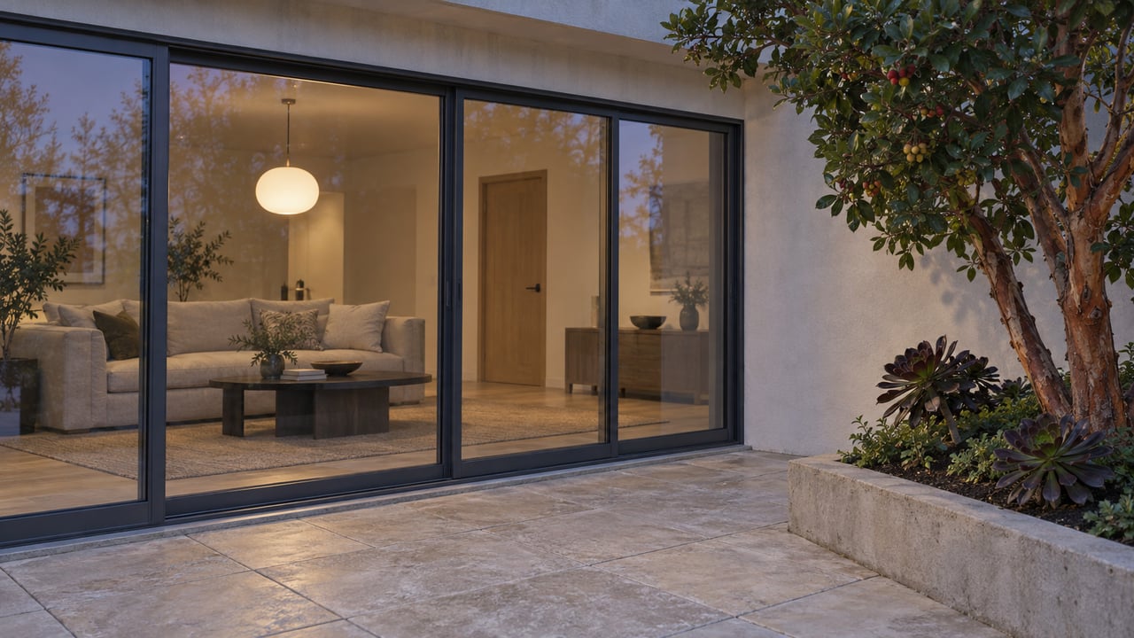 Blue-hour terrace beside a contemporary home, with closed charcoal-framed glass doors, warm living-room light, pale paving, and a raised bed containing a strawberry tree and aeoniums.