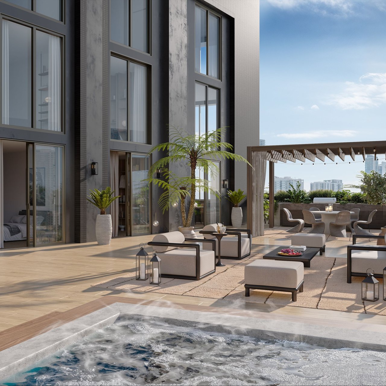 Rooftop terrace with a bubbling spa, lounge seating, tropical plants, and a pergola beside a modern high-rise.
