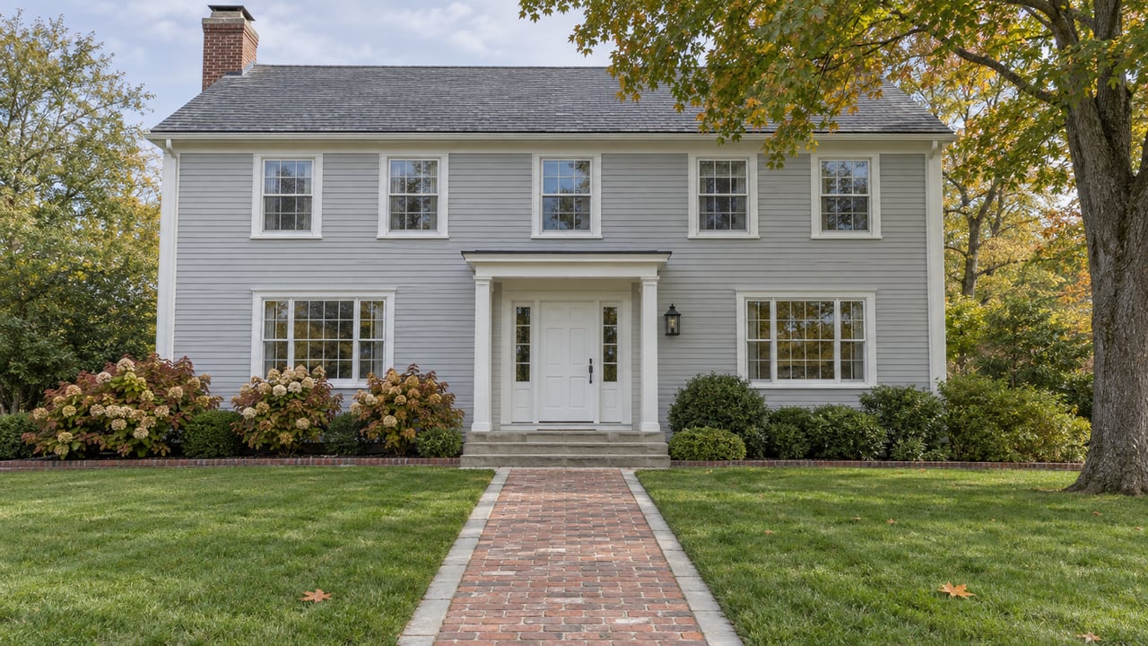 Traditional pale-gray house with white window trim, a brick chimney and a deep front lawn beneath a mature maple.