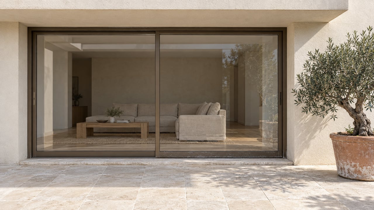 Cream stucco residential terrace with closed bronze-framed glass doors, pale limestone paving and a single olive tree in a weathered terracotta pot.