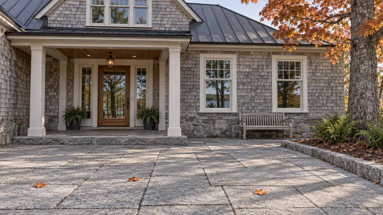 Cedar-shingle waterfront home with tall windows, a covered entry and a granite terrace beside an orange-leaved sugar maple.