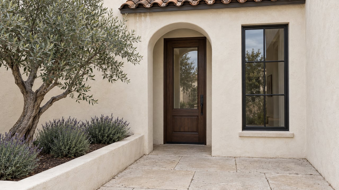 Townhouse entry with an arched timber door, black-framed window, olive tree, and lavender in a raised bed.
