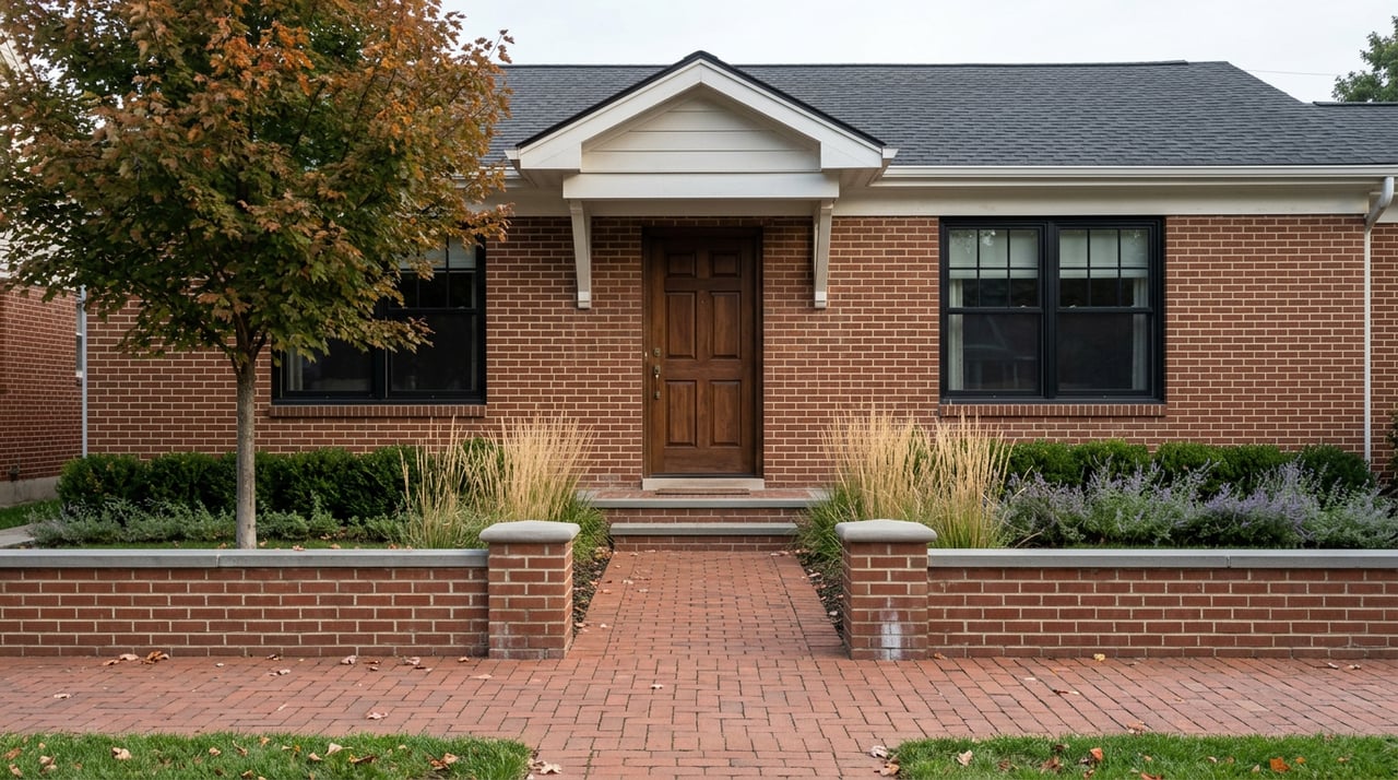 Brick bungalow entry with black steel-framed windows, a gabled portico, and maple leaves scattered on the path.