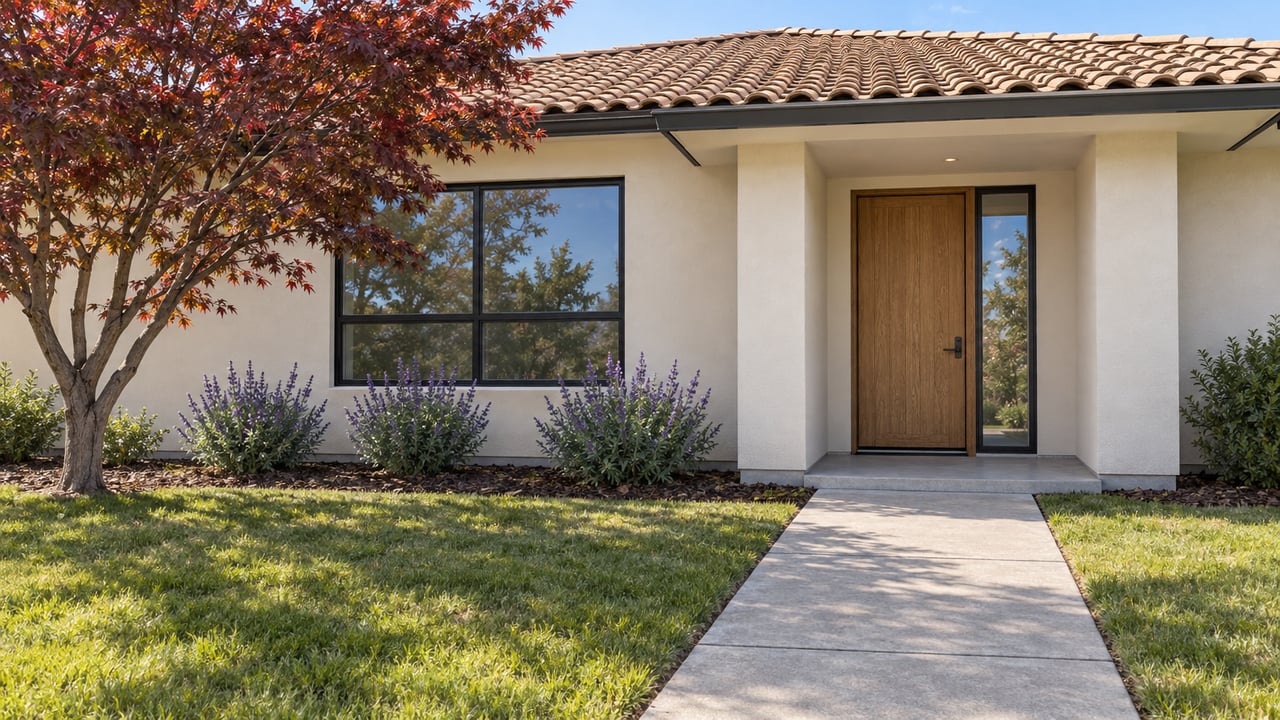 An ivory stucco home with a tan clay-tile roof, oak front door and black-framed window behind a broad lawn and concrete approach.