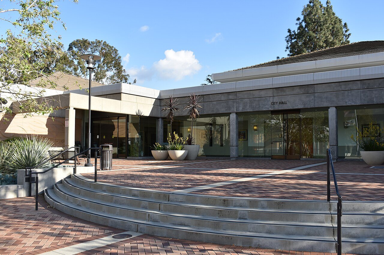 San Dimas City Hall and its northwestern plaza, photographed in March 2017