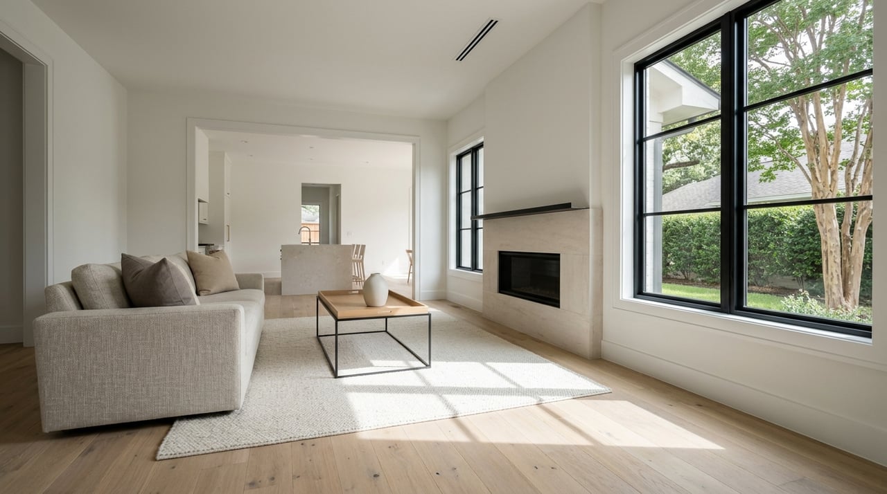 A listing-ready living room with neutral furnishings and carefully arranged decor.