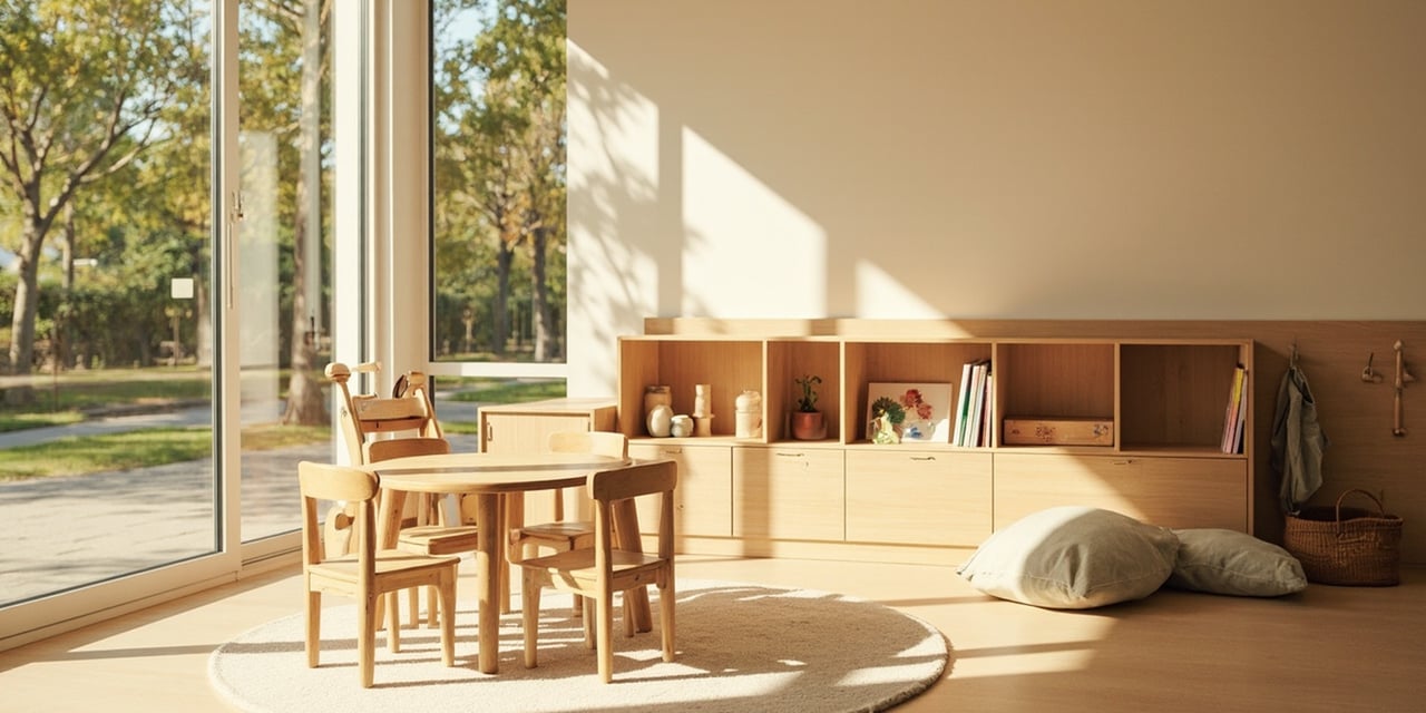 Childcare classroom with small wooden tables, low shelves, and large sunlit windows.
