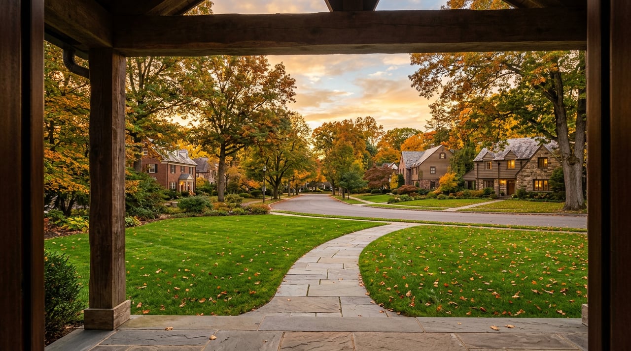 Front lawn and concrete walkway seen from a shaded portico, with a multi-stem serviceberry tree casting long shadows.