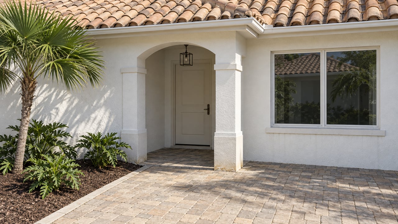 Elevated view of a white stucco villa entrance beneath a beige barrel-tile roof, with a fan palm and an edged planting bed beside the paver approach.
