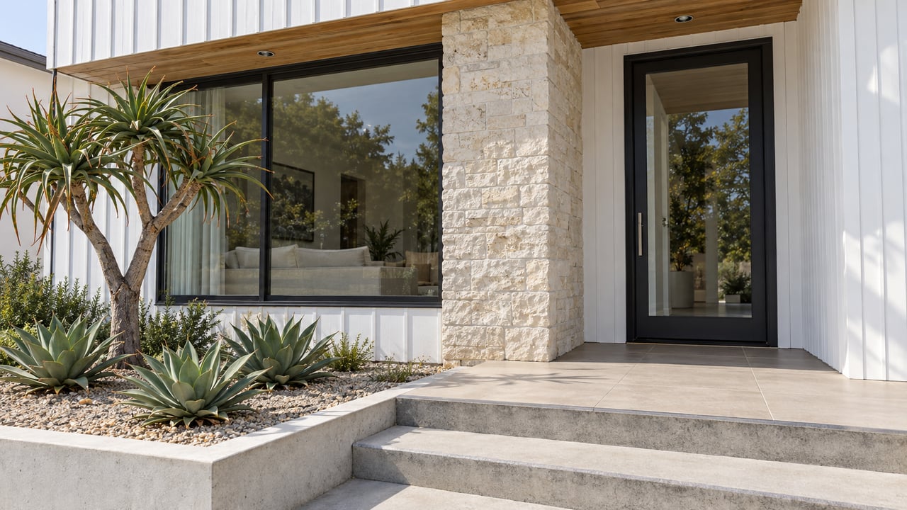 White-sided contemporary home entry with cedar soffit, pale limestone pier, concrete steps and a sculptural aloe in a raised gravel bed.