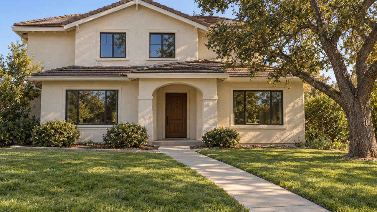 Cream stucco two-story home with a brown tile roof, deep green front lawn, pale entry walk and a mature oak in late-afternoon light.