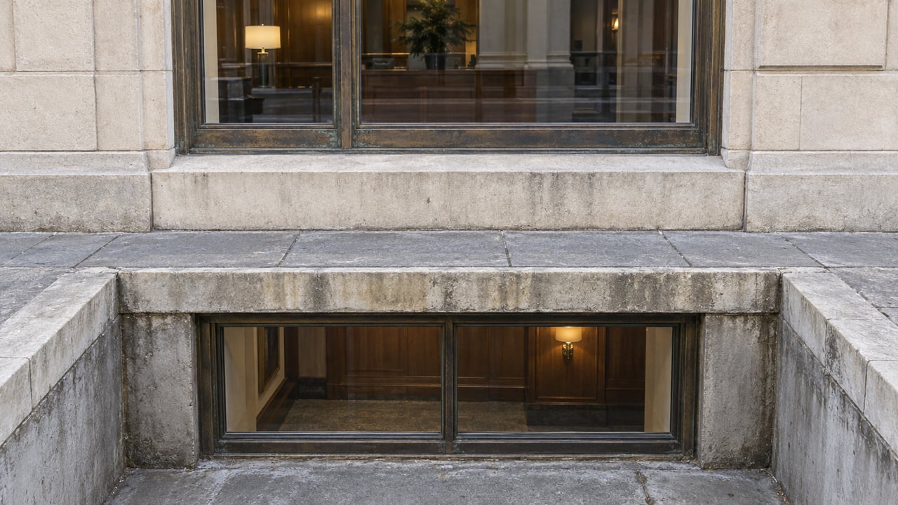 Bronze-framed basement window beneath a limestone commercial facade, set in a concrete lightwell beside the sidewalk.