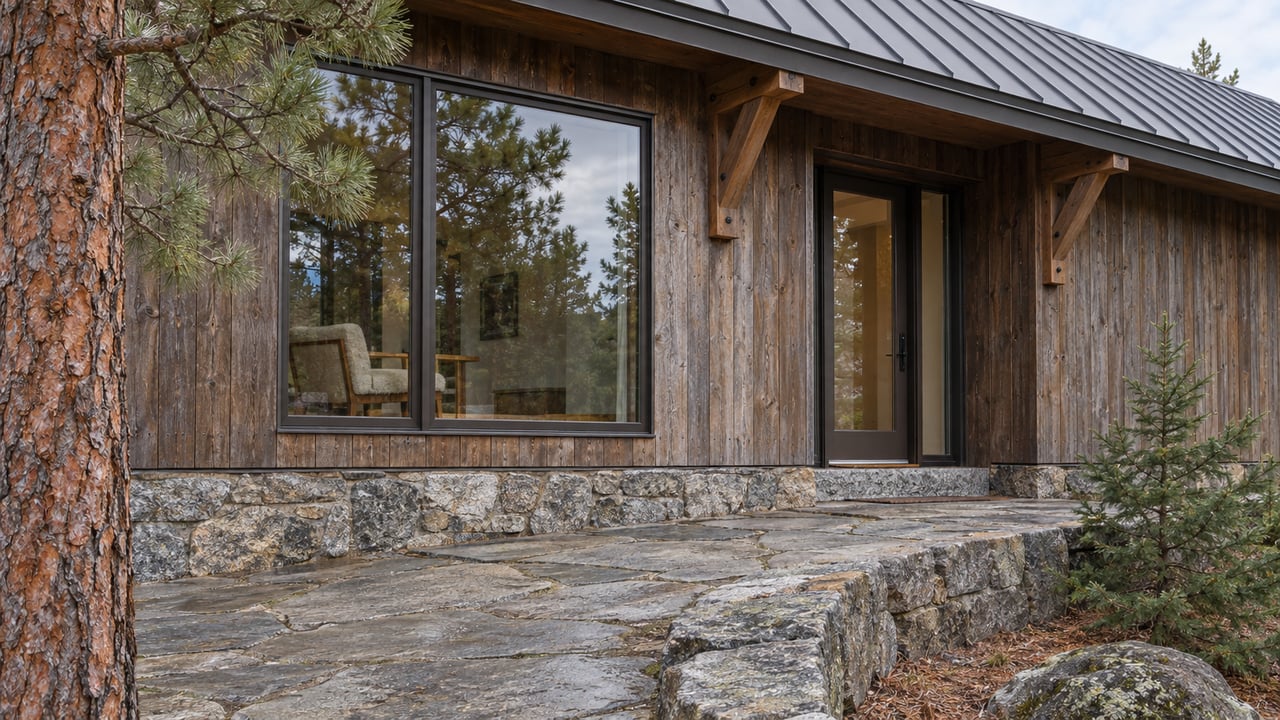 Cedar-sided hillside home with a dark pitched roof, large enclosed window and granite approach beside a ponderosa pine.