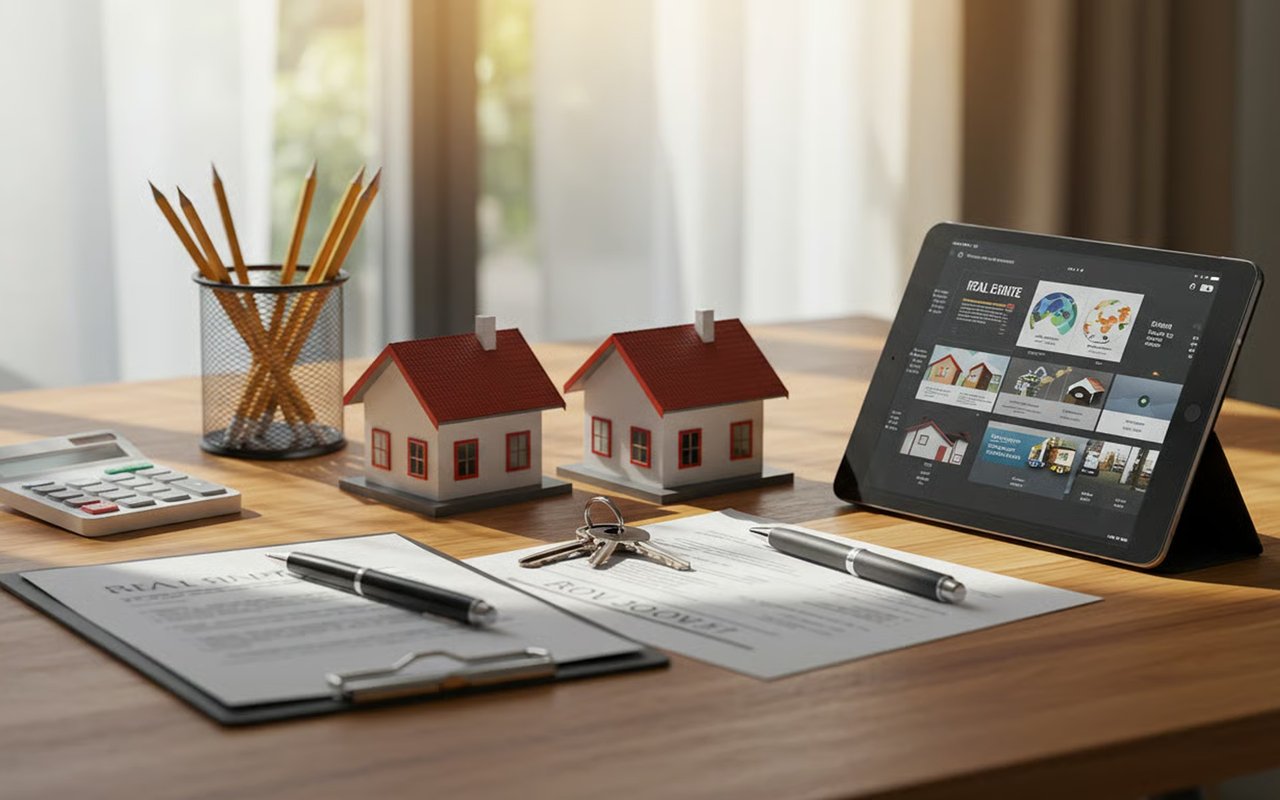 Home-buying workspace with model houses, real estate listings on a tablet, keys, calculator, and paperwork.