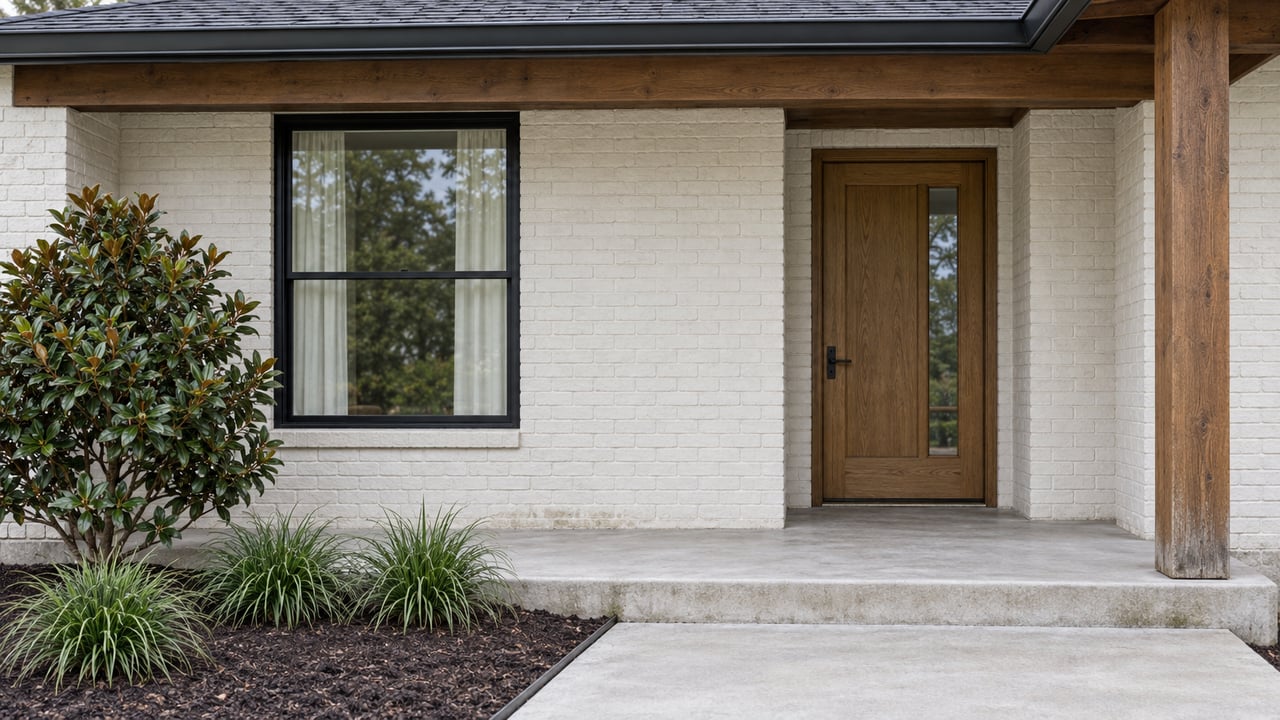 Close view of a painted-brick home's covered porch, with an oak entry door, black-framed window, weathered timber and a compact magnolia planting.