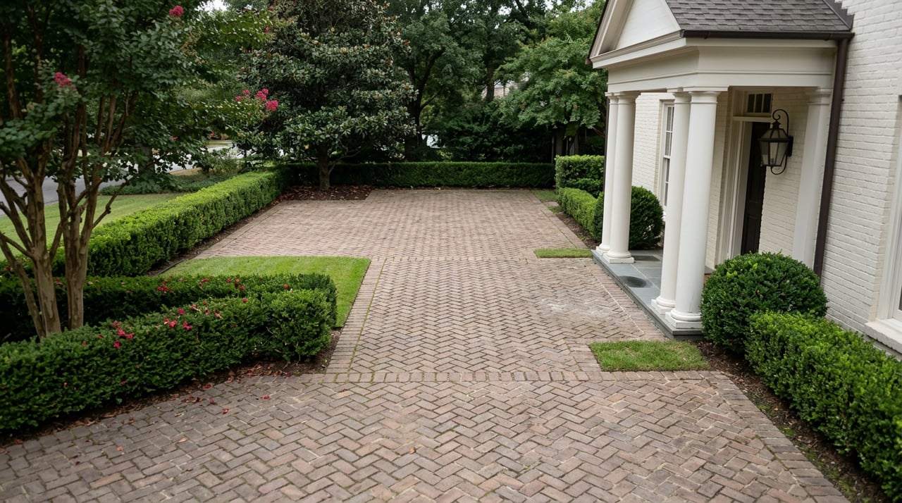 Herringbone brick motor court bordered by clipped hedges, leading to an ivory brick home’s columned portico.