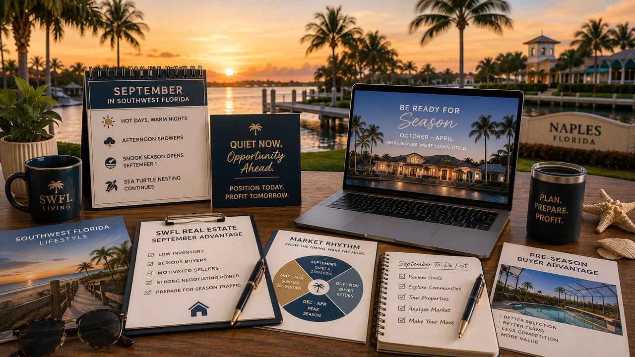Luxury Southwest Florida waterfront community at sunset with real estate planning materials, market calendar, and buyer strategy workspace, illustrating September's real estate opportunities, seasonal market trends, and the lifestyle of Naples, Fort Myers, Bonita Springs, Estero, and Cape Coral before peak season.