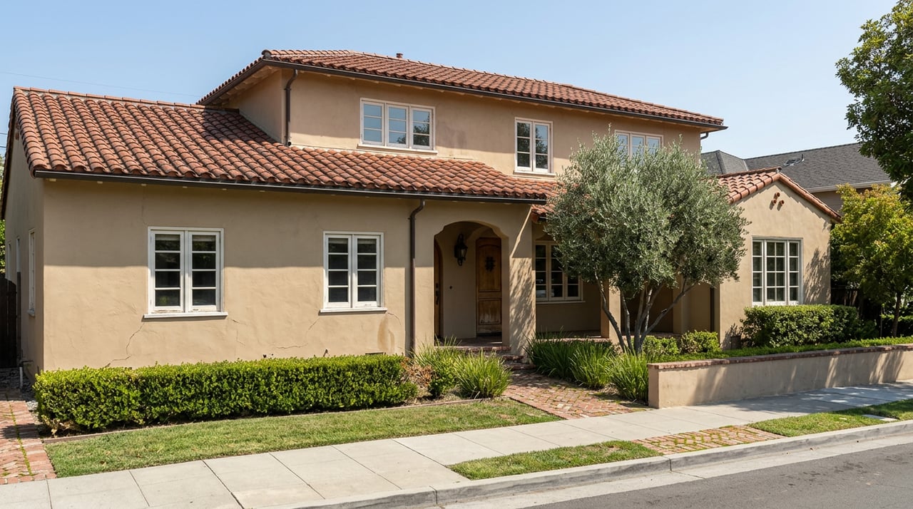 Two-story tan stucco home with a red tile roof, arched entry, olive tree, and brick path.