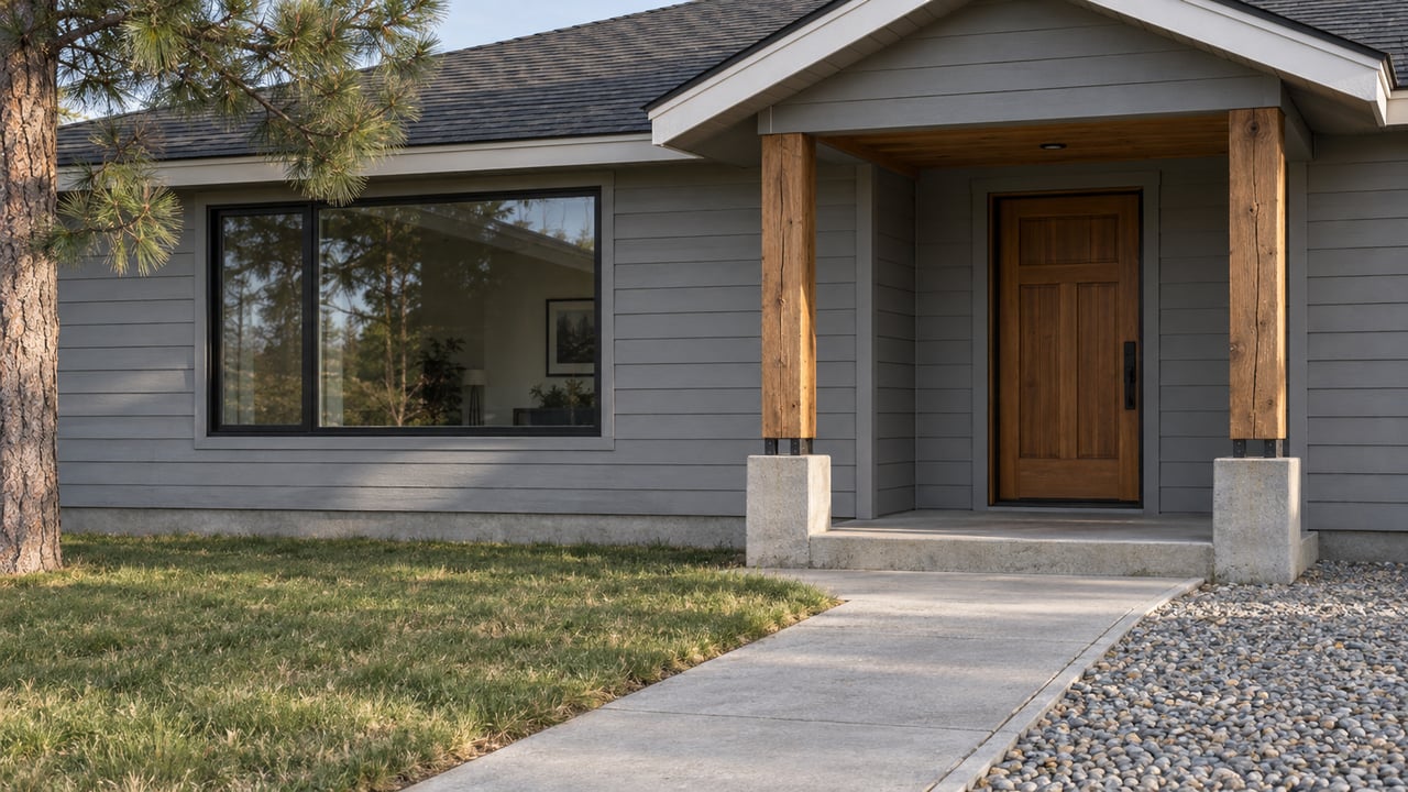Gray lap-sided ranch entry with checked timber porch posts, a black-framed window, concrete walkway and established lawn.