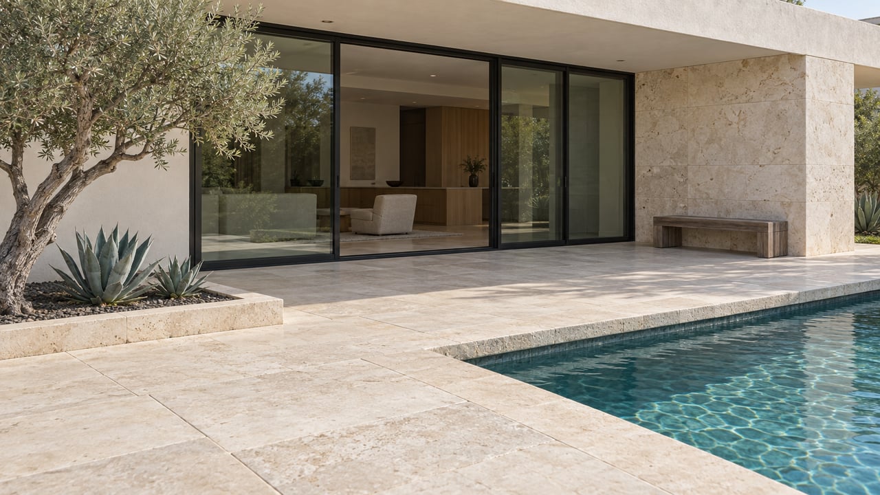 Sunlit villa courtyard with limestone paving, a teal pool corner, closed glass doors and sculptural desert planting.