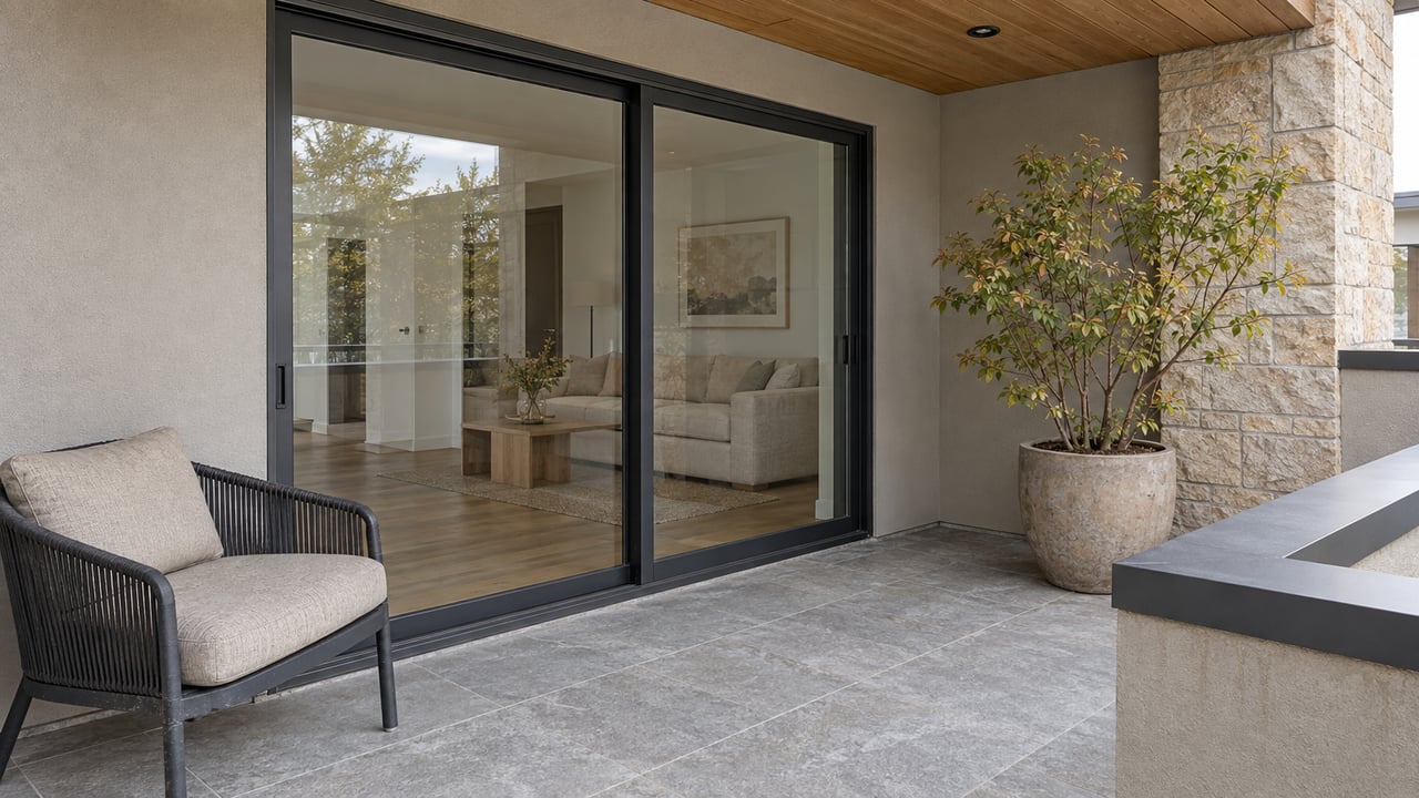 Covered condo balcony with a wood soffit, stone pier, closed glass doors, solid parapet and one outdoor chair.