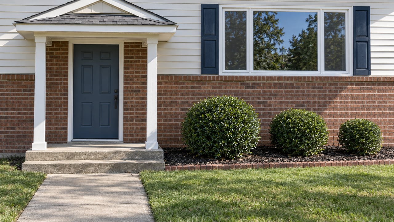 Close exterior view of an ivory-sided split-level home with a brick lower facade, blue front door, concrete steps and three inkberry shrubs.