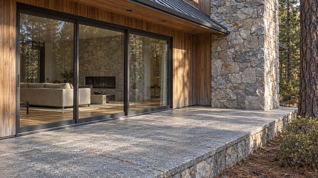 Cedar and granite home with closed living-room glazing and a raised stone terrace beside a pine trunk in crisp autumn light.