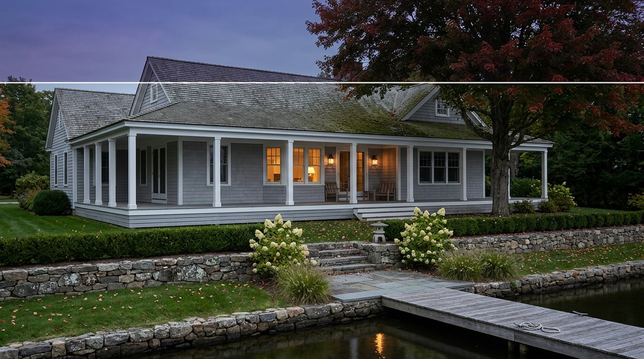 Shingle-style lakefront house with a lit porch, stone patio, and cedar dock extending into still water at dusk.