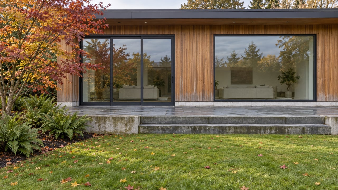 Cedar-clad contemporary home with enclosed glass doors, a raised stone terrace, and an autumn vine maple beside a broad lawn.
