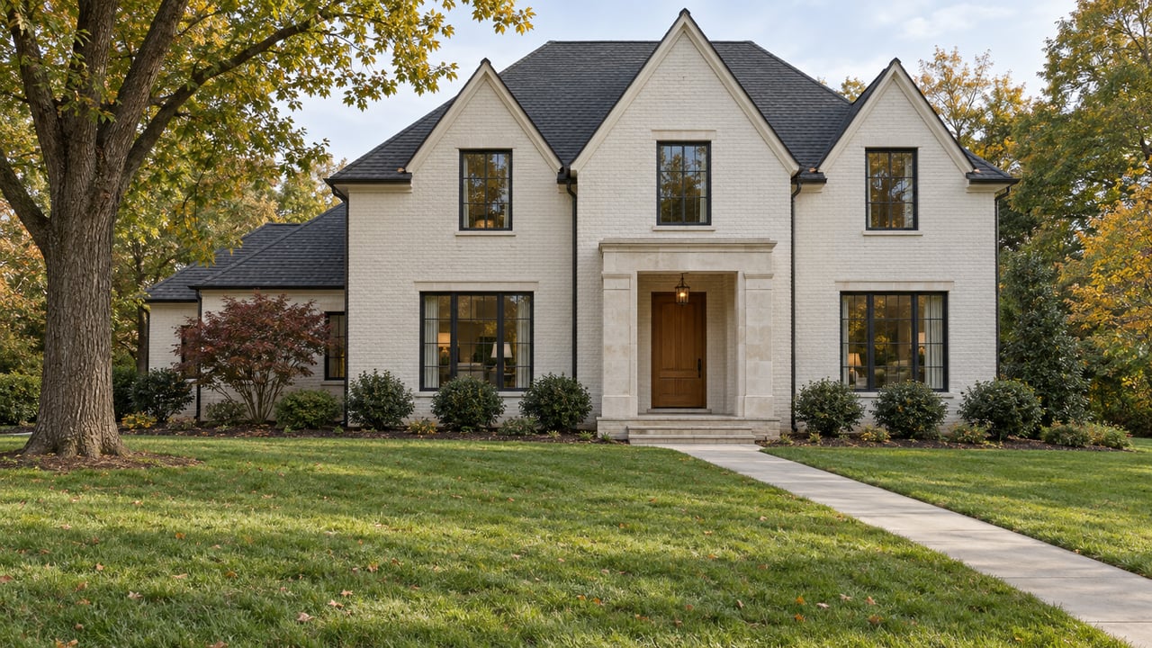 Ivory brick home with steep charcoal gables, a pale stone entrance, and a broad front lawn framed by mature oak and dogwood.