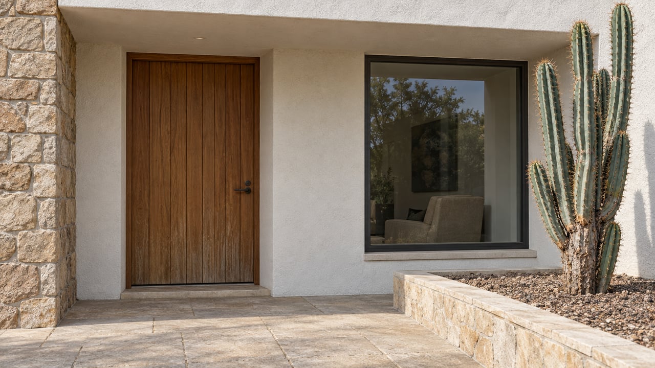 Sunlit white-stucco home entrance with a wood door, charcoal-framed window, pale stone approach and a branching cactus in a raised masonry bed.