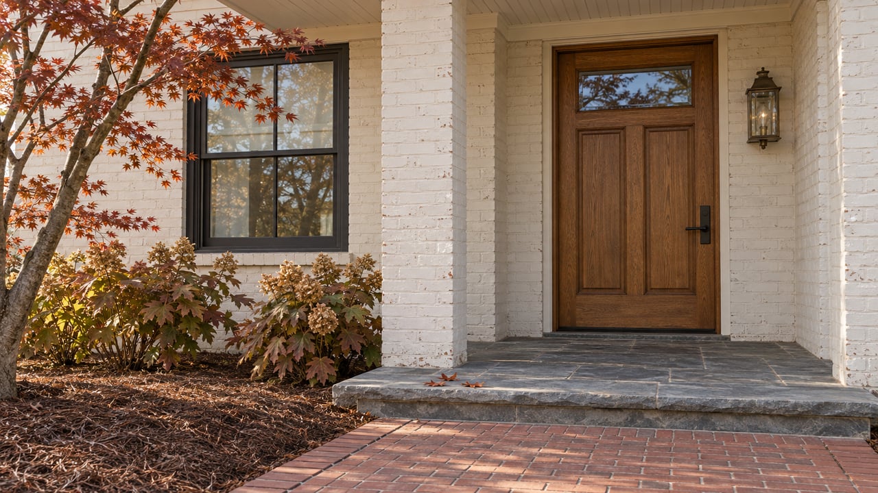 An oak front door and charcoal-framed window beneath a covered brick porch, with blue-gray stone steps and copper-red maple leaves.