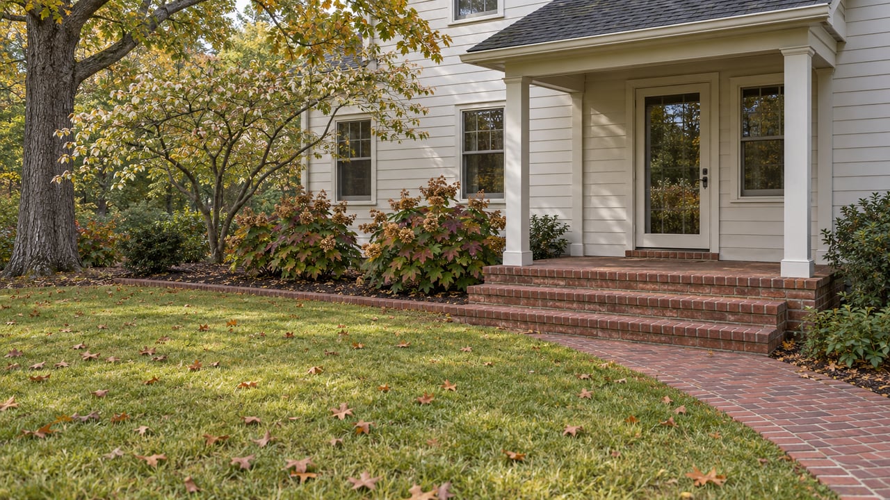An off-white two-story home with a brick back porch and walkway beside a broad lawn, mature oak, dogwood and oakleaf hydrangeas.