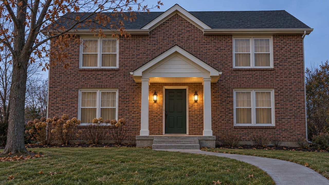 Brick suburban home at dusk with a deep front lawn, curved concrete walk and softly lit covered entry.