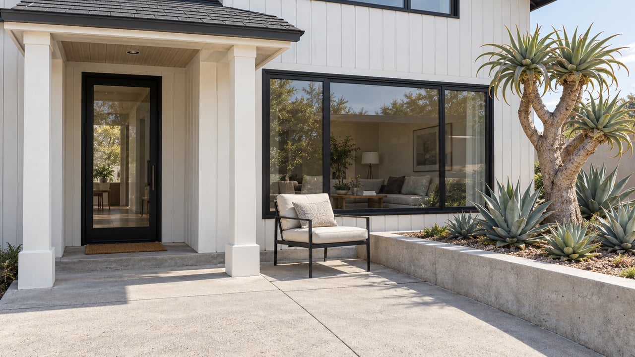 White vertical-sided home with dark-framed glazing, a concrete front terrace and sculptural succulent planting.