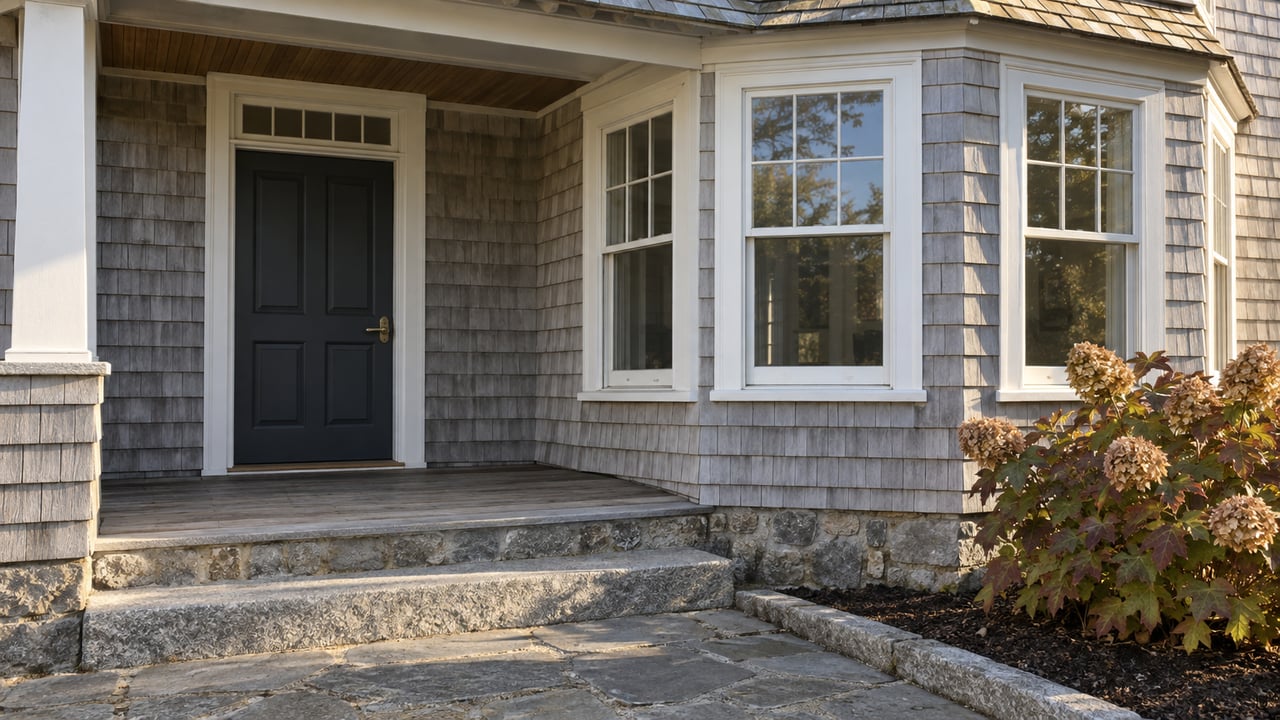 Weathered cedar-shingle home with a covered dark wood entry, white multi-pane bay windows, granite steps, and autumn oakleaf hydrangea.