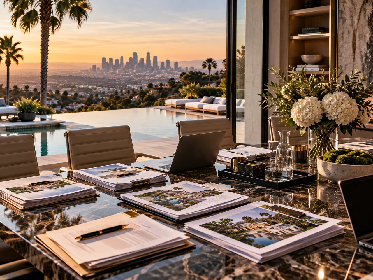 Luxury home interior with property brochures on a marble table overlooking the Los Angeles skyline.