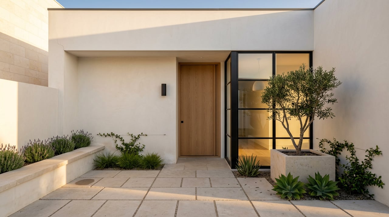 Walled courtyard entry with a centered oak pivot door, black-framed glazing, limestone paving, and olive tree.