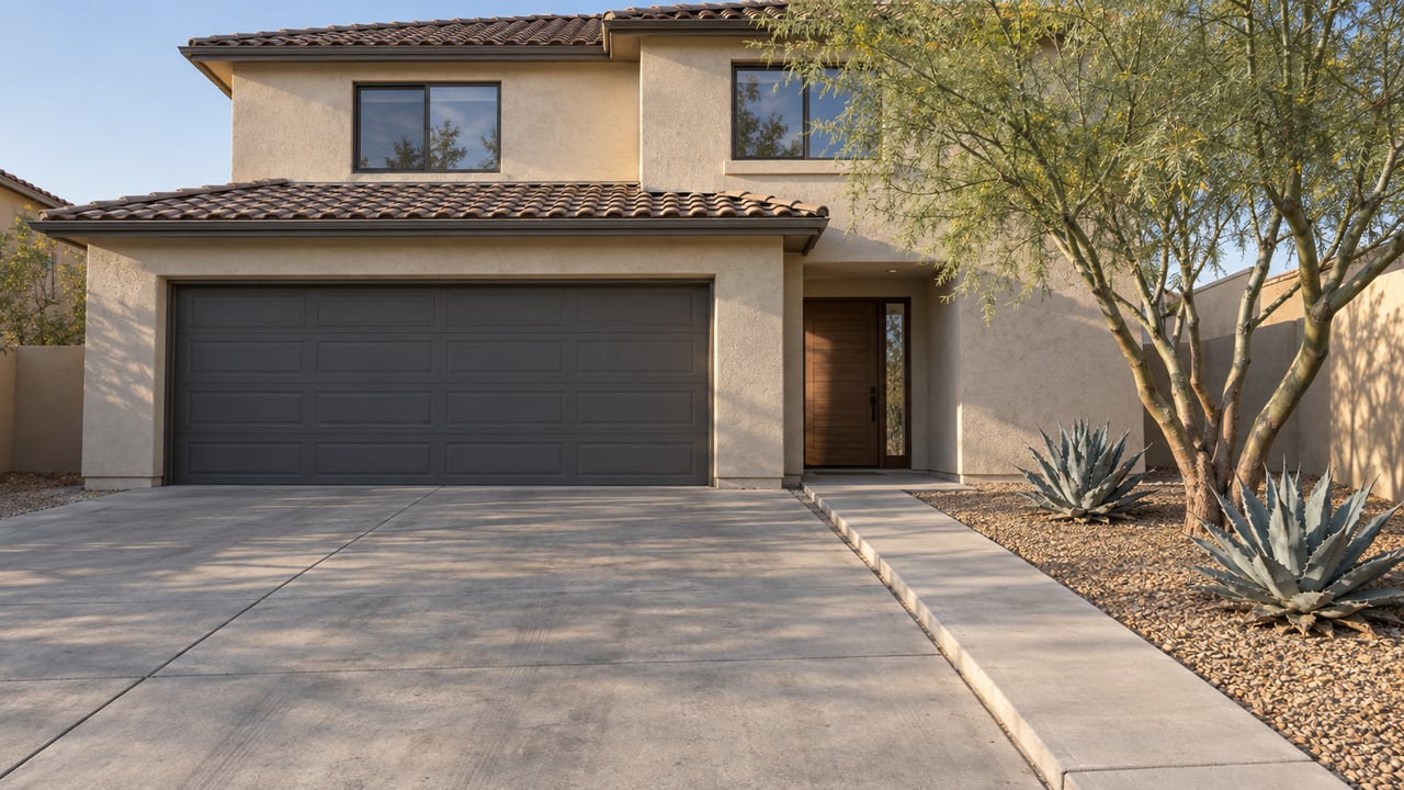 Two-story stucco home with a brown tiled roof, broad concrete driveway and sculptural desert planting in afternoon sunlight.
