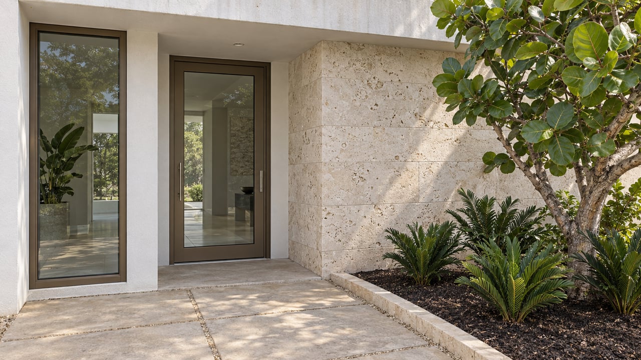 Contemporary home entry with warm-white stucco, shell limestone, bronze-framed glazing, and sea grape planting beside a paved approach.