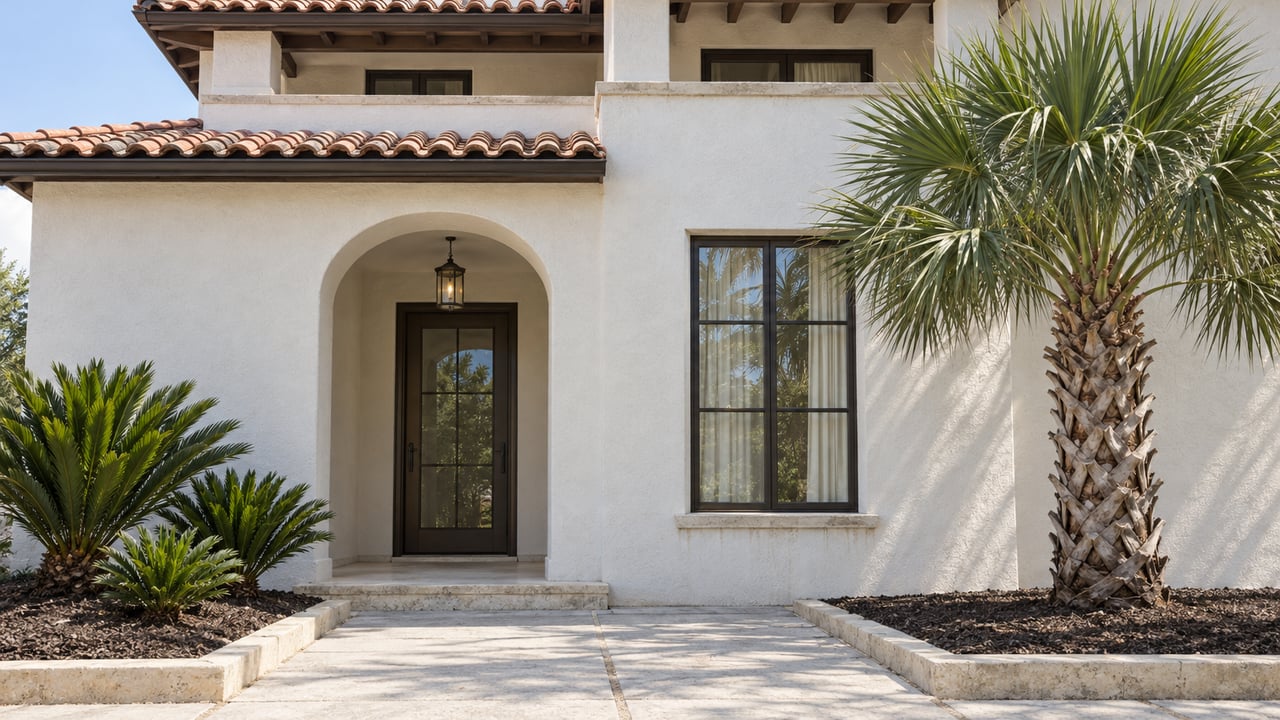 Sunlit white stucco home with an arched glazed entrance, clay-tile roof, and a palm beside a pale paved approach.