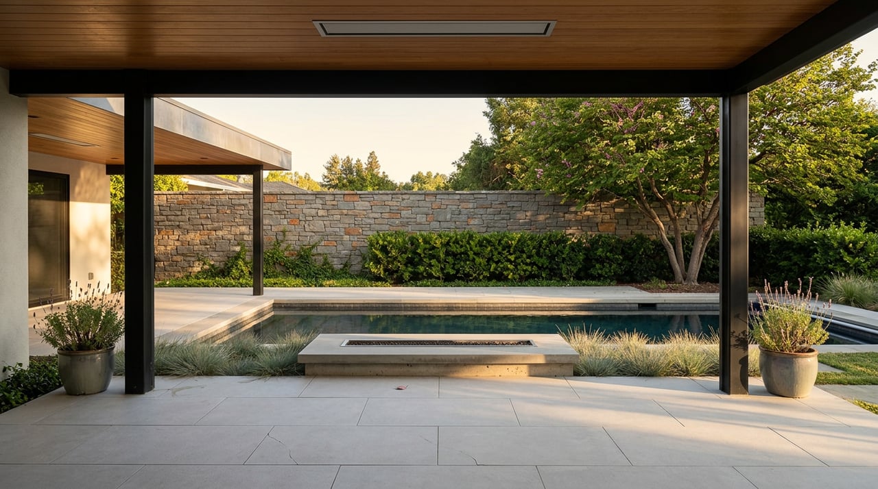 Covered patio with a cedar ceiling overlooking a pool, stone wall, and redbud tree.