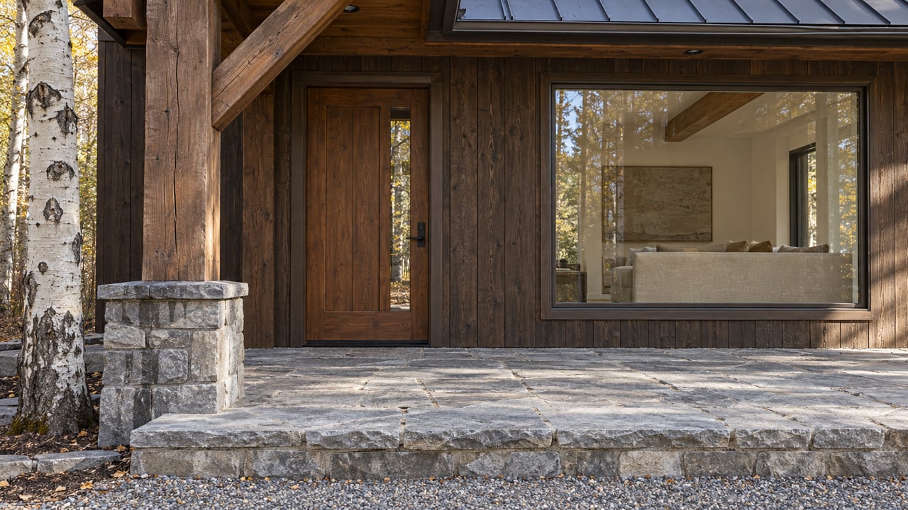 Heavy timber porch sheltering a wood entrance and large picture window above a weathered stone landing.
