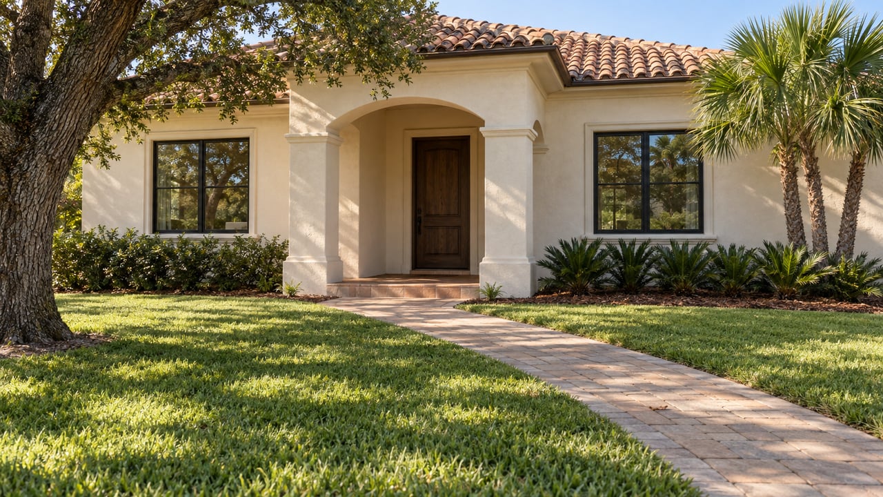Ivory stucco home with terracotta roof, recessed arched entry, broad lawn and a paver approach beneath a mature oak.